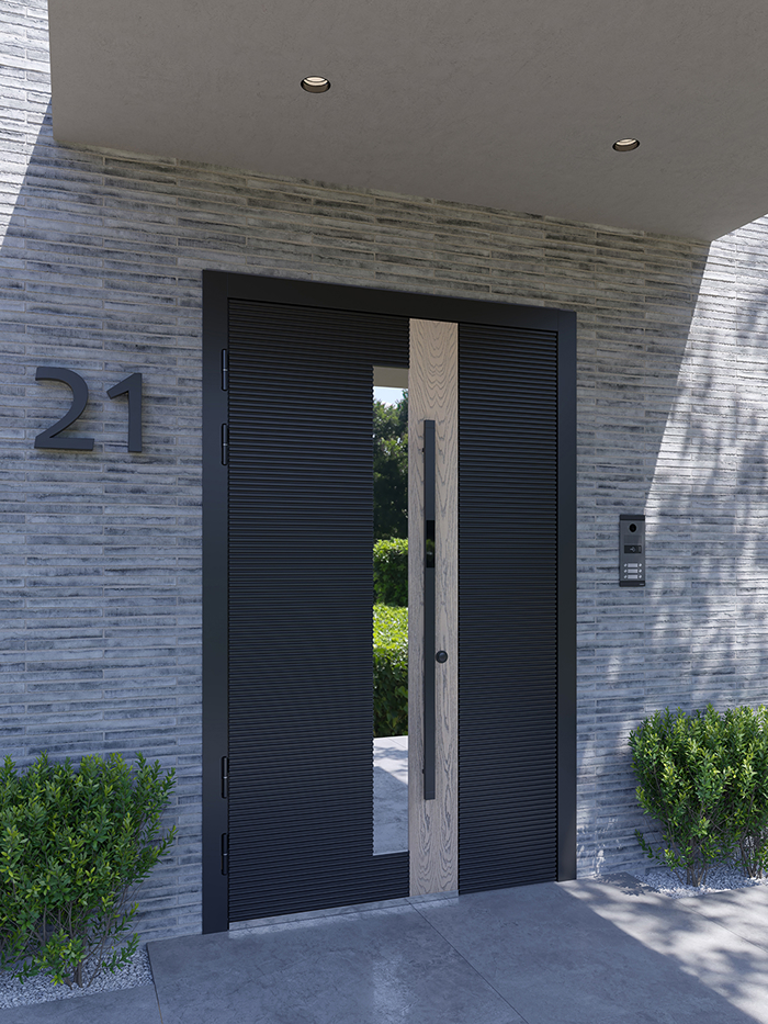 Входная дверь Ягуар с комбинированной накладкой в современном стиле