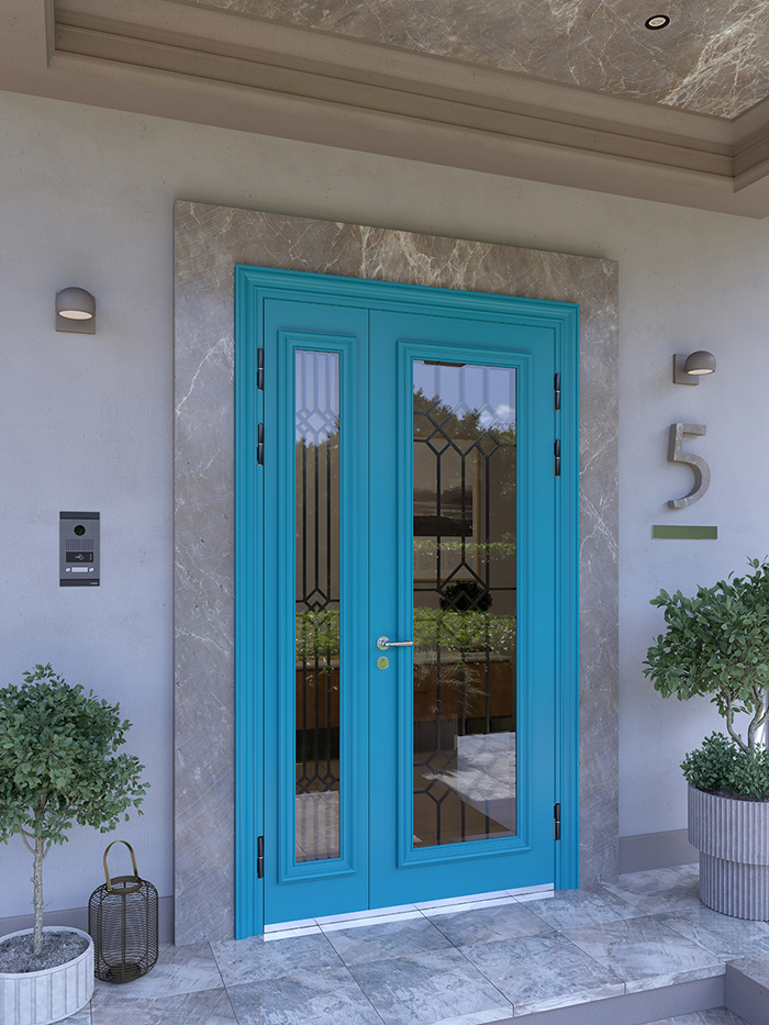 Входная дверь Ягуар с ковкой внутри стеклопакета и багетной накладкой